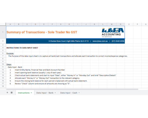 Summary of Transactions – Sole Trader No GST